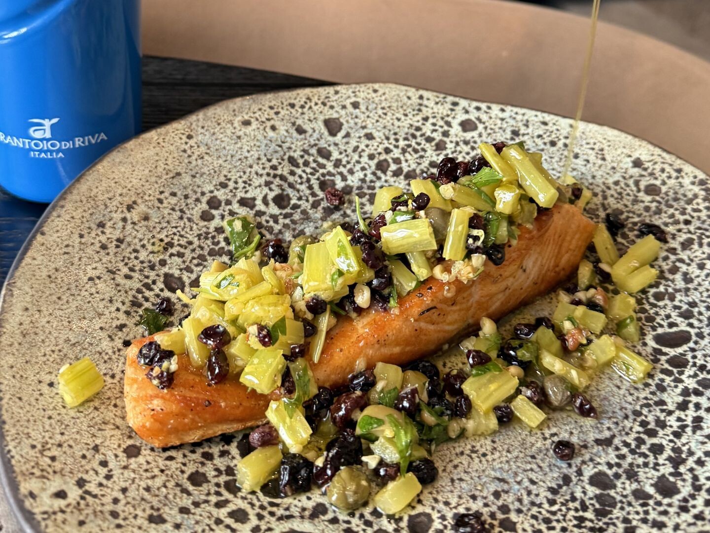 Salmon & pine nut salsa drizzled with extra virgin olive oil